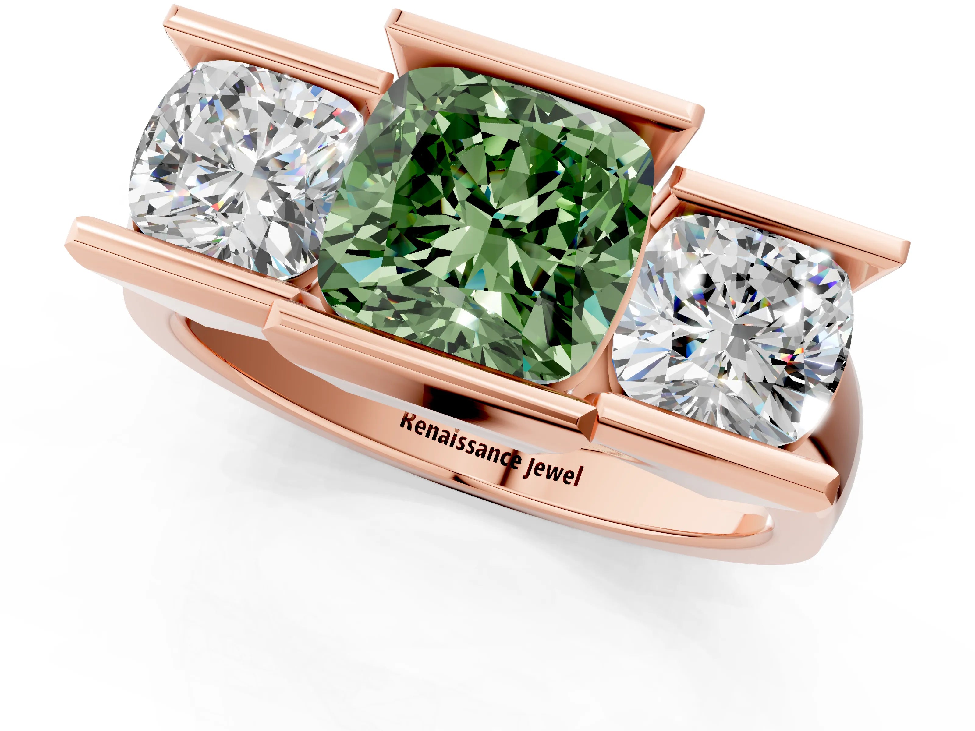 Rose gold Three Stone Fancy Green Cushion Cut Cut Channel Set Diamond Ring_1
