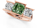 Rose gold Three Stone Fancy Green Cushion Cut Cut Channel Set Diamond Ring_1