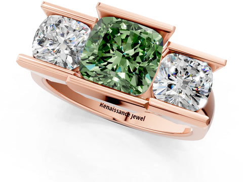 Rose gold Three Stone Fancy Green Cushion Cut Cut Channel Set Diamond Ring_1