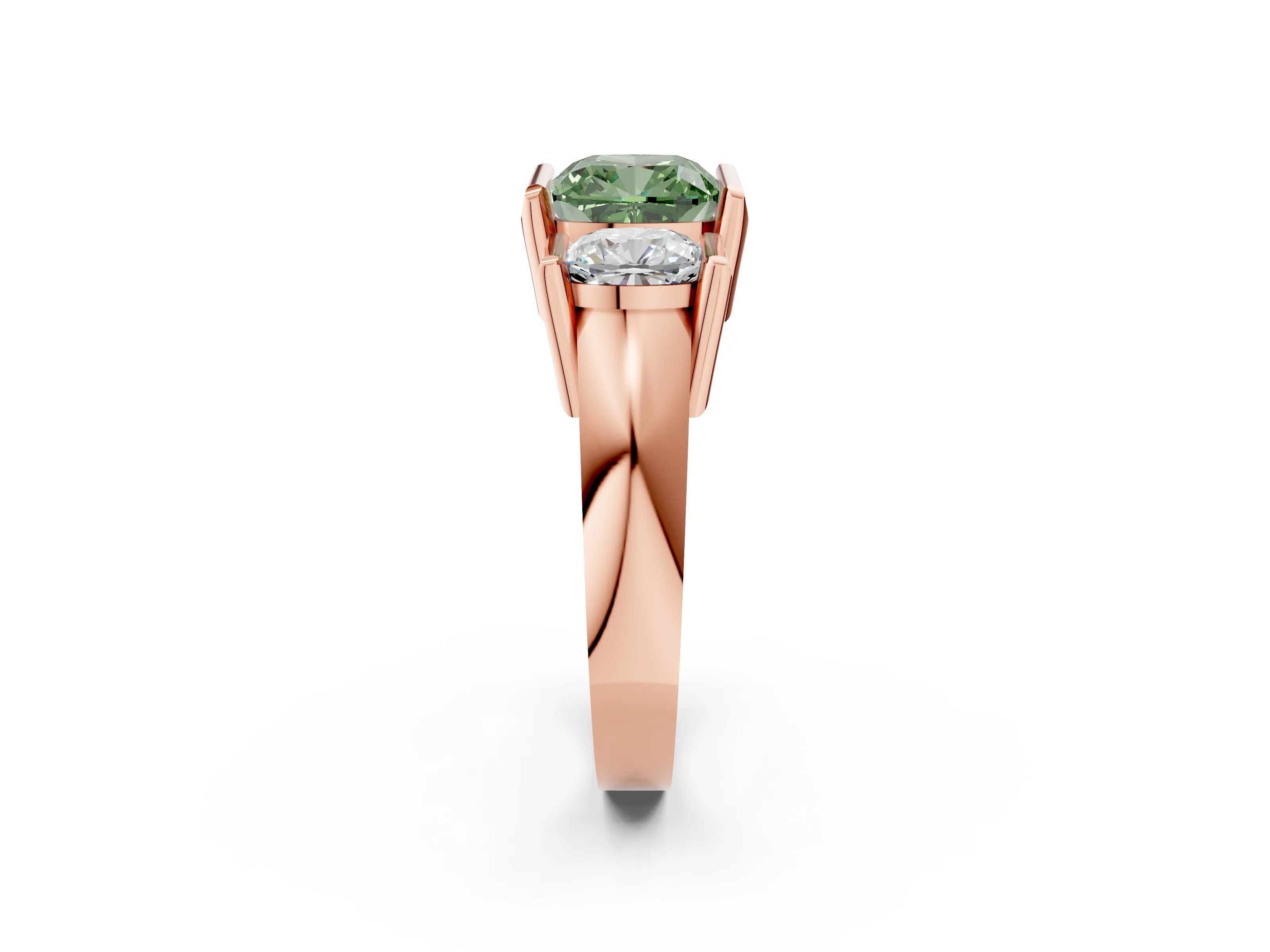 Rose gold Three Stone Fancy Green Cushion Cut Cut Channel Set Diamond Ring_2