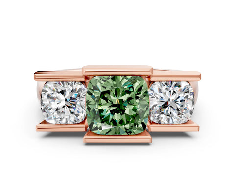 Rose gold Three Stone Fancy Green Cushion Cut Cut Channel Set Diamond Ring