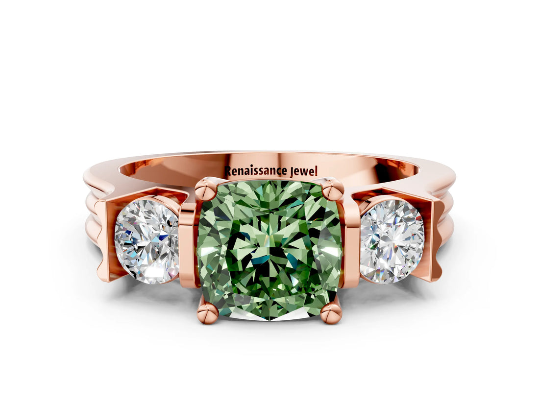 Rose gold Three-Stone Fancy Green Cushion Cut Cut Classic Band Prong Setting Ring