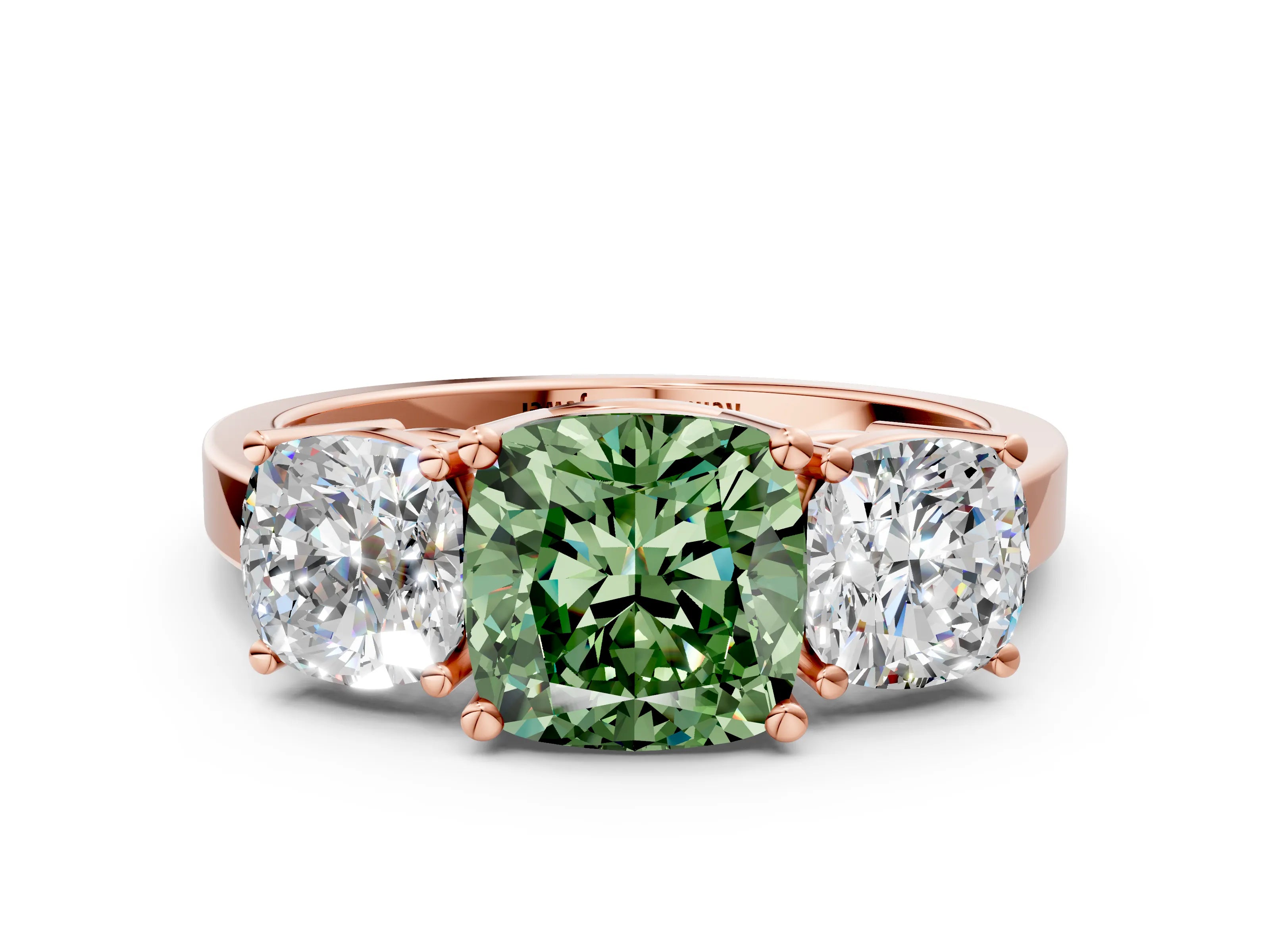 Rose gold Three-Stone Fancy Green Cushion Cut Cut Diamond Engagement Ring with Flat Band and Four-Prong Setting
