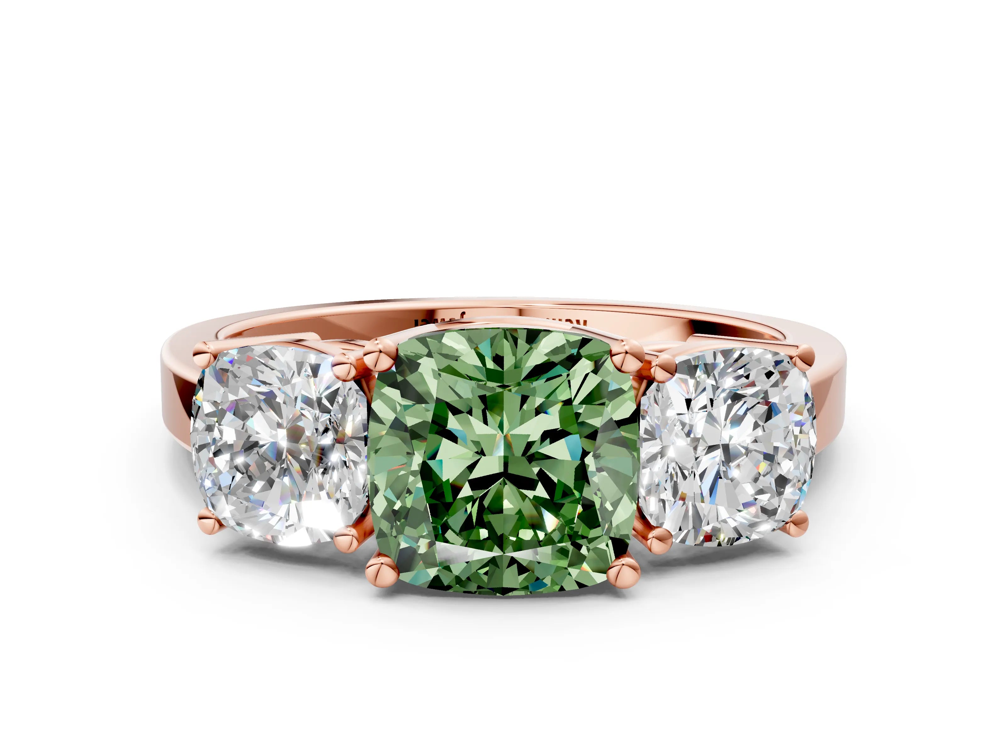 Rose gold Three-Stone Fancy Green Cushion Cut Cut Diamond Engagement Ring with Flat Band and Four-Prong Setting_12