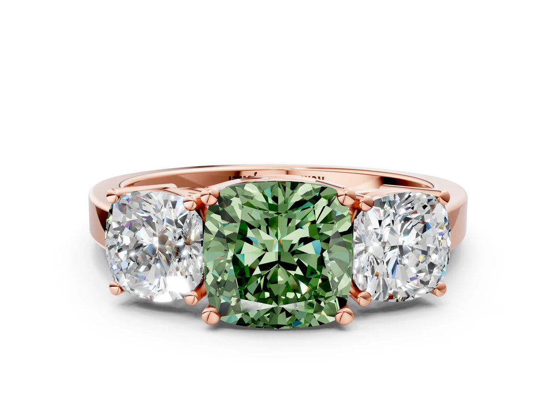 Rose gold Three-Stone Fancy Green Cushion Cut Cut Diamond Engagement Ring with Flat Band and Four-Prong Setting_12