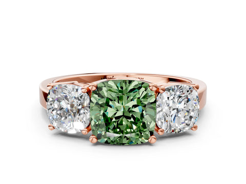 Rose gold Three-Stone Fancy Green Cushion Cut Cut Diamond Engagement Ring with Flat Band and Four-Prong Setting_12