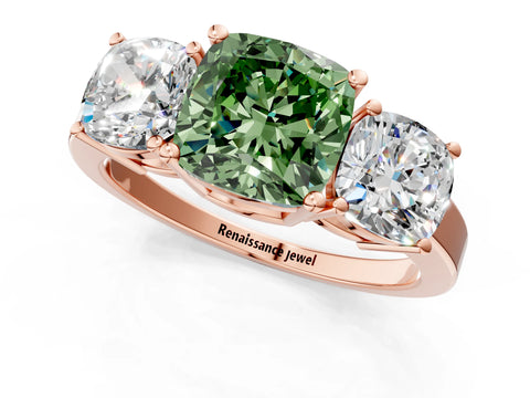 Rose gold Three-Stone Fancy Green Cushion Cut Cut Diamond Engagement Ring with Flat Band and Four-Prong Setting_1
