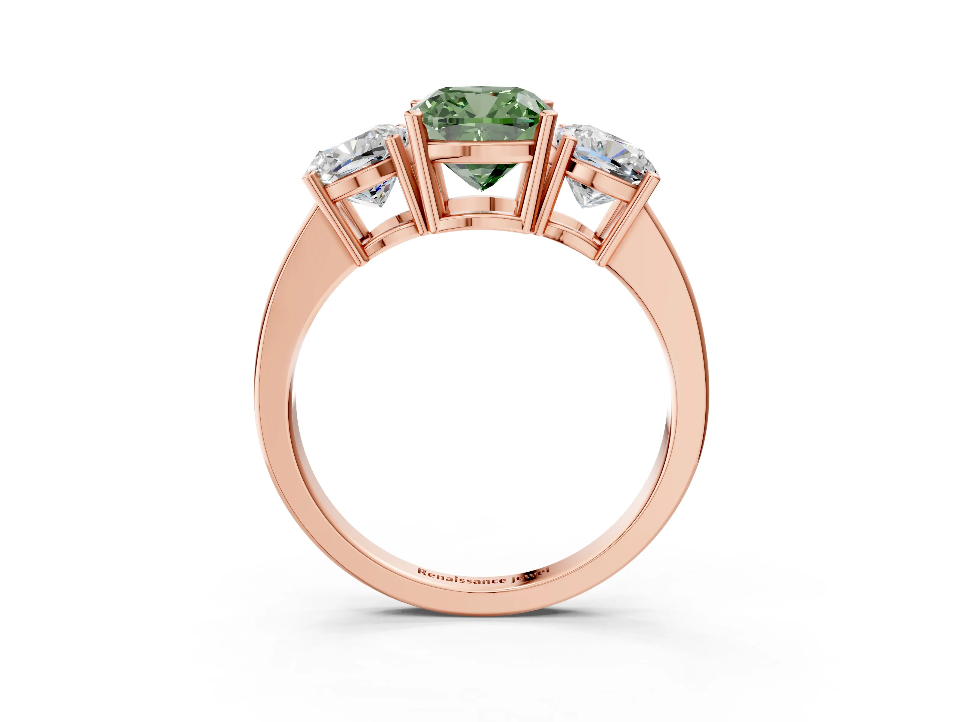 Rose gold Three-Stone Fancy Green Cushion Cut Cut Diamond Engagement Ring with Flat Band and Four-Prong Setting_3