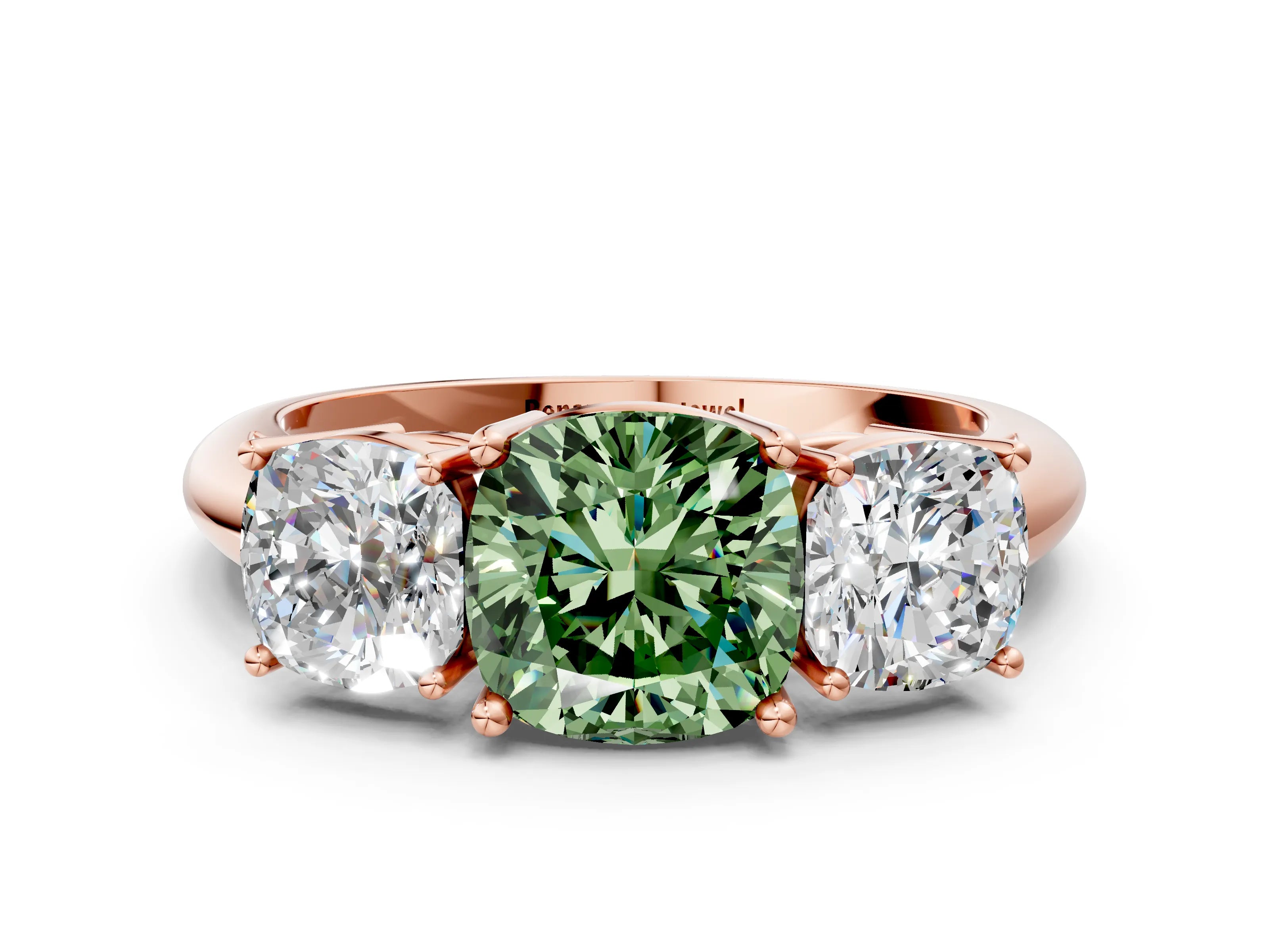 Rose gold Three-Stone Fancy Green Cushion Cut Cut Diamond Engagement Ring with Prong Setting on a White Gold Band