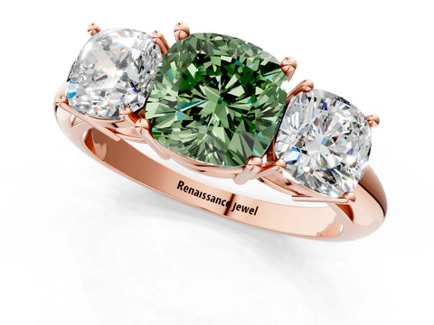 Rose gold Three-Stone Fancy Green Cushion Cut Cut Diamond Engagement Ring with Prong Setting on a White Gold Band_1