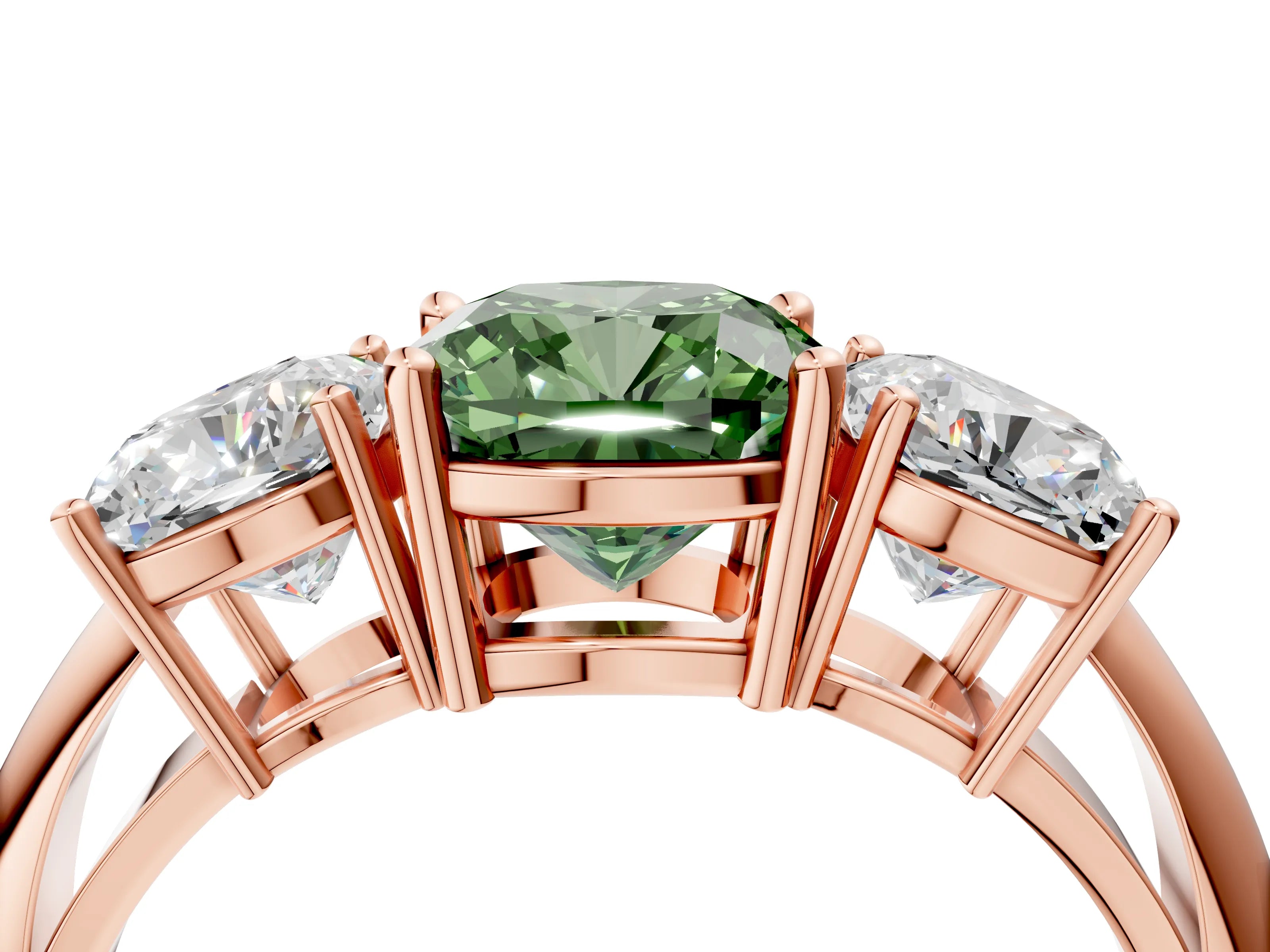 Rose gold Three-Stone Fancy Green Cushion Cut Cut Diamond Engagement Ring with Prong Setting on a White Gold Band_4