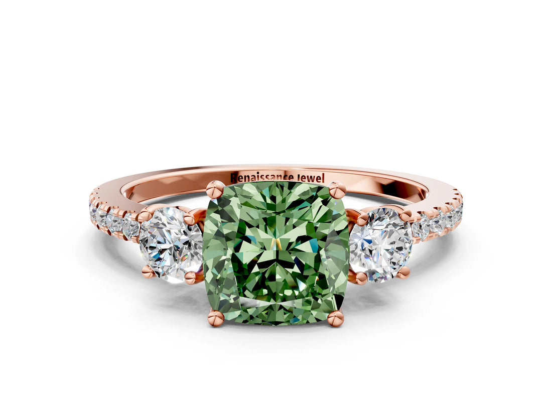 Rose gold Three-Stone Fancy Green Cushion Cut Cut Diamond Pavé Band with Prong Setting_15