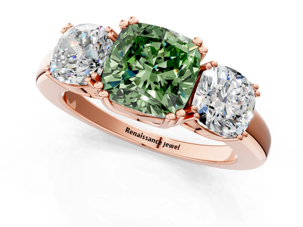 Rose gold Three-Stone Fancy Green Cushion Cut Cut Diamond Ring with Channel Set Band and Four-Prong Setting