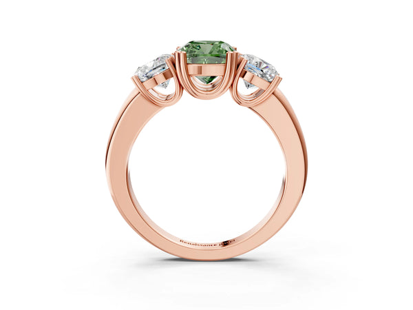 Rose gold Three-Stone Fancy Green Cushion Cut Cut Diamond Ring with Channel Set Band and Four-Prong Setting