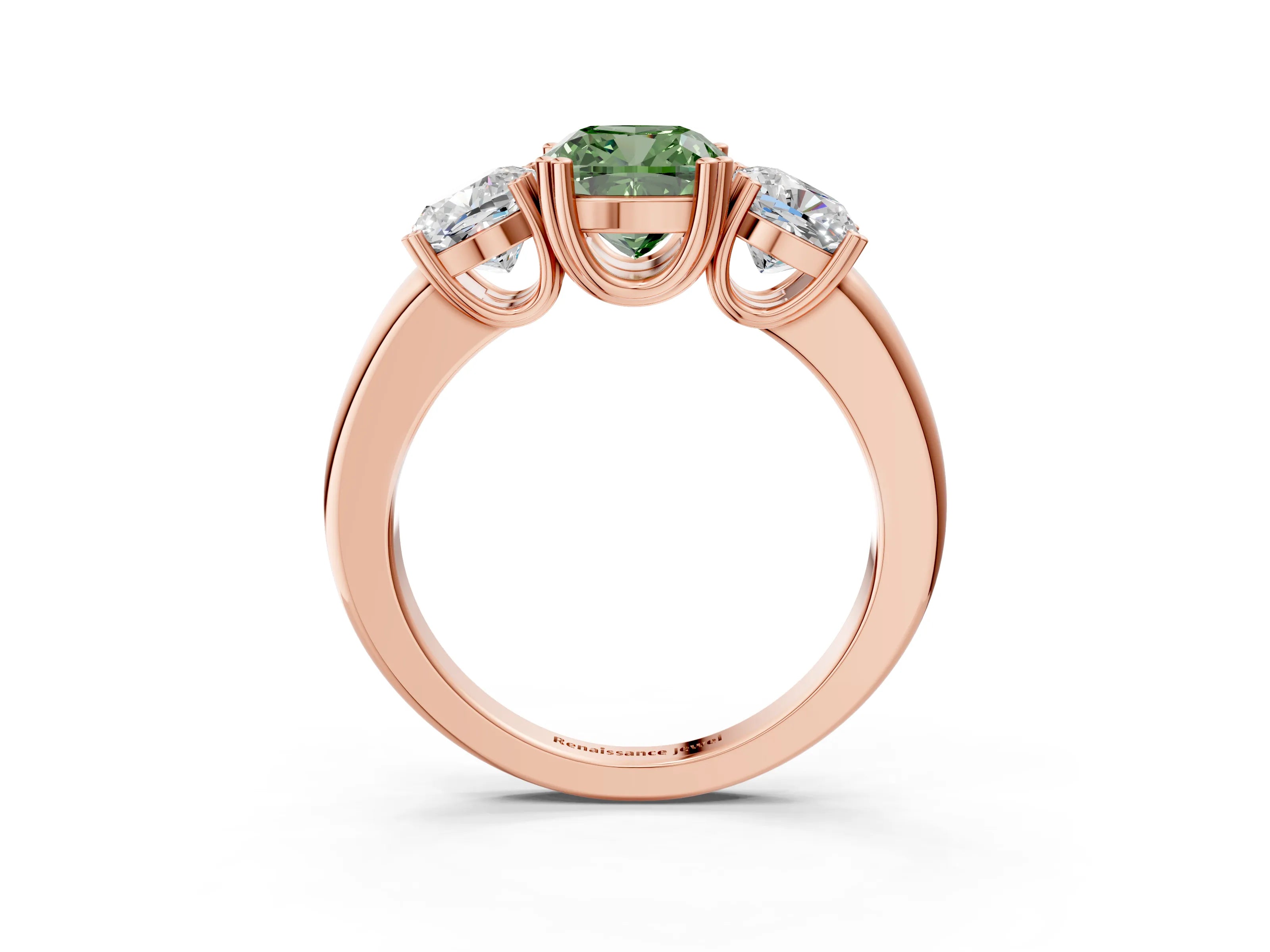 Rose gold Three-Stone Fancy Green Cushion Cut Cut Diamond Ring with Channel Set Band and Four-Prong Setting_3