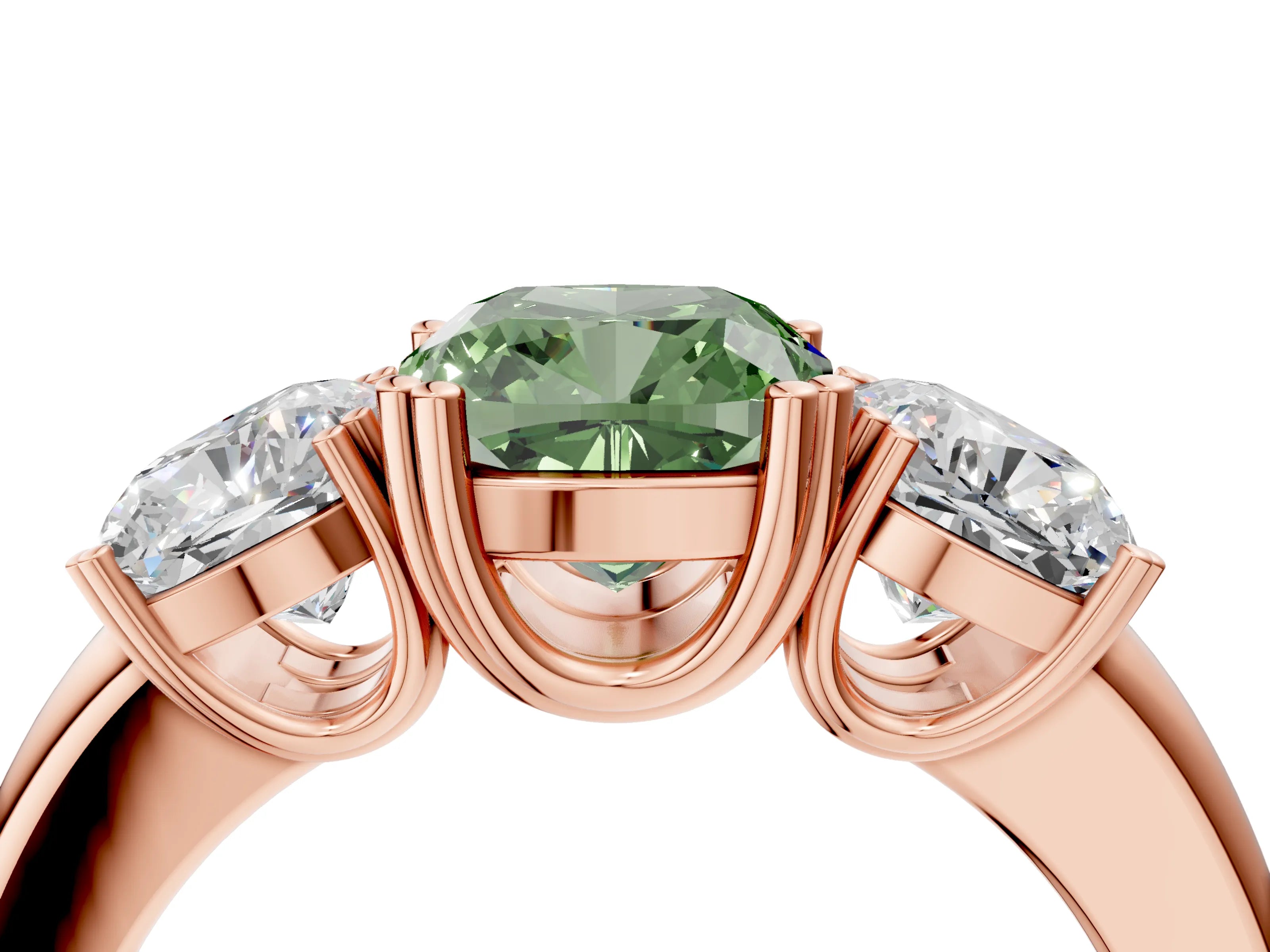 Rose gold Three-Stone Fancy Green Cushion Cut Cut Diamond Ring with Channel Set Band and Four-Prong Setting_4