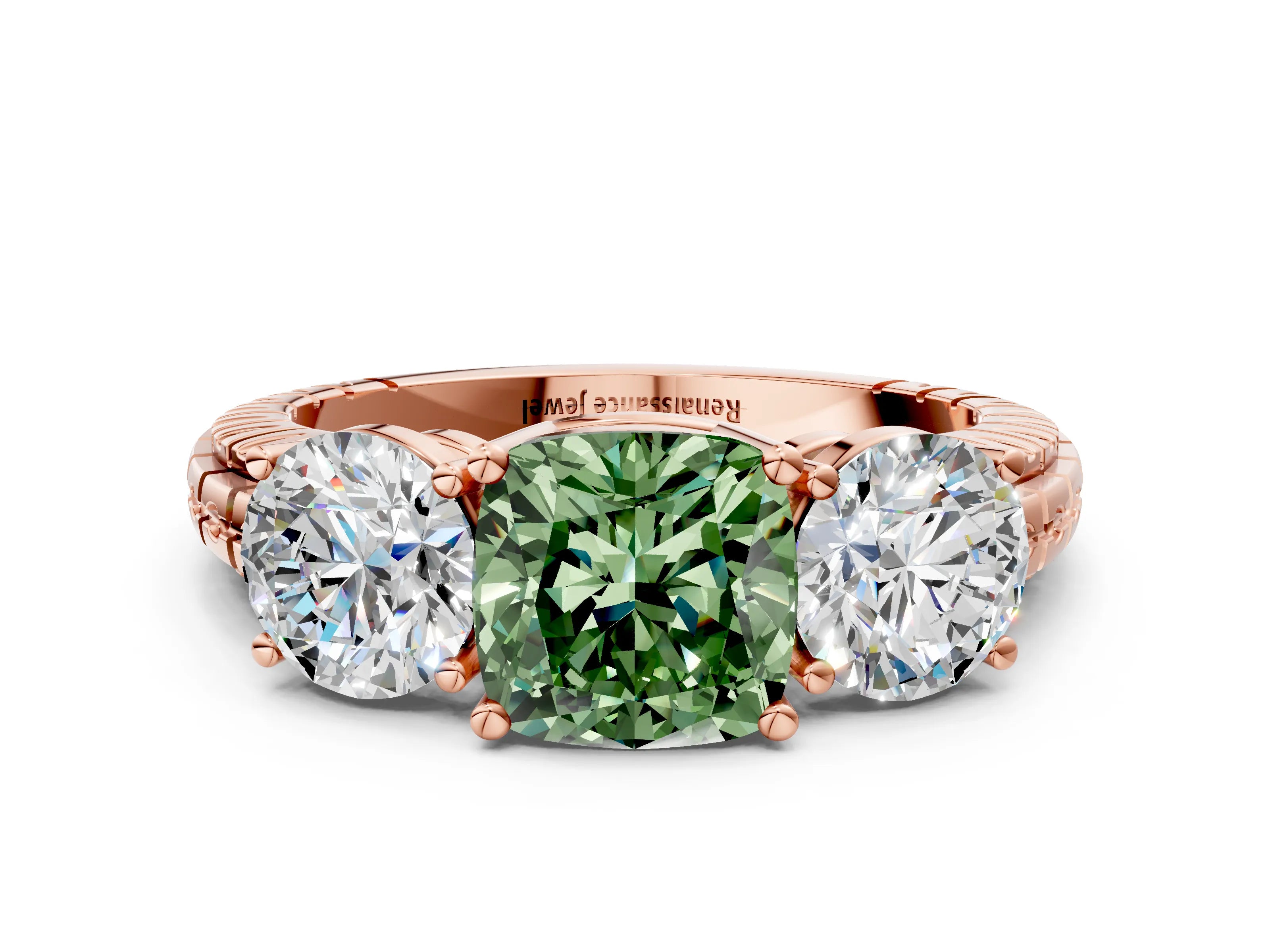 Rose gold Three-Stone Fancy Green Cushion Cut Cut Diamond Ring with Channel-Set Band and Prong Setting