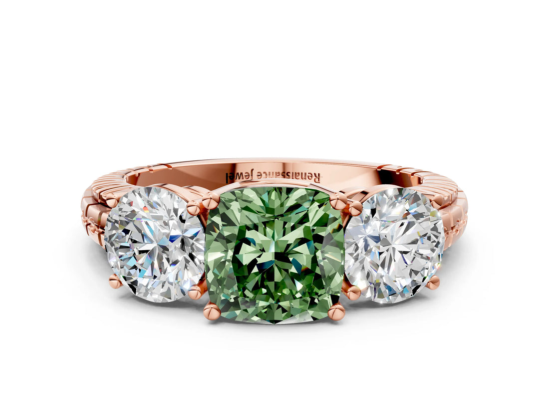 Rose gold Three-Stone Fancy Green Cushion Cut Cut Diamond Ring with Channel-Set Band and Prong Setting