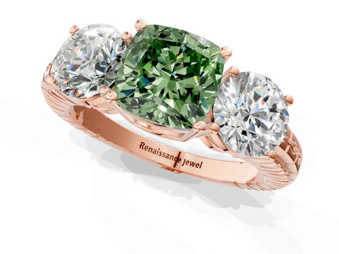 Rose gold Three-Stone Fancy Green Cushion Cut Cut Diamond Ring with Channel-Set Band and Prong Setting_1