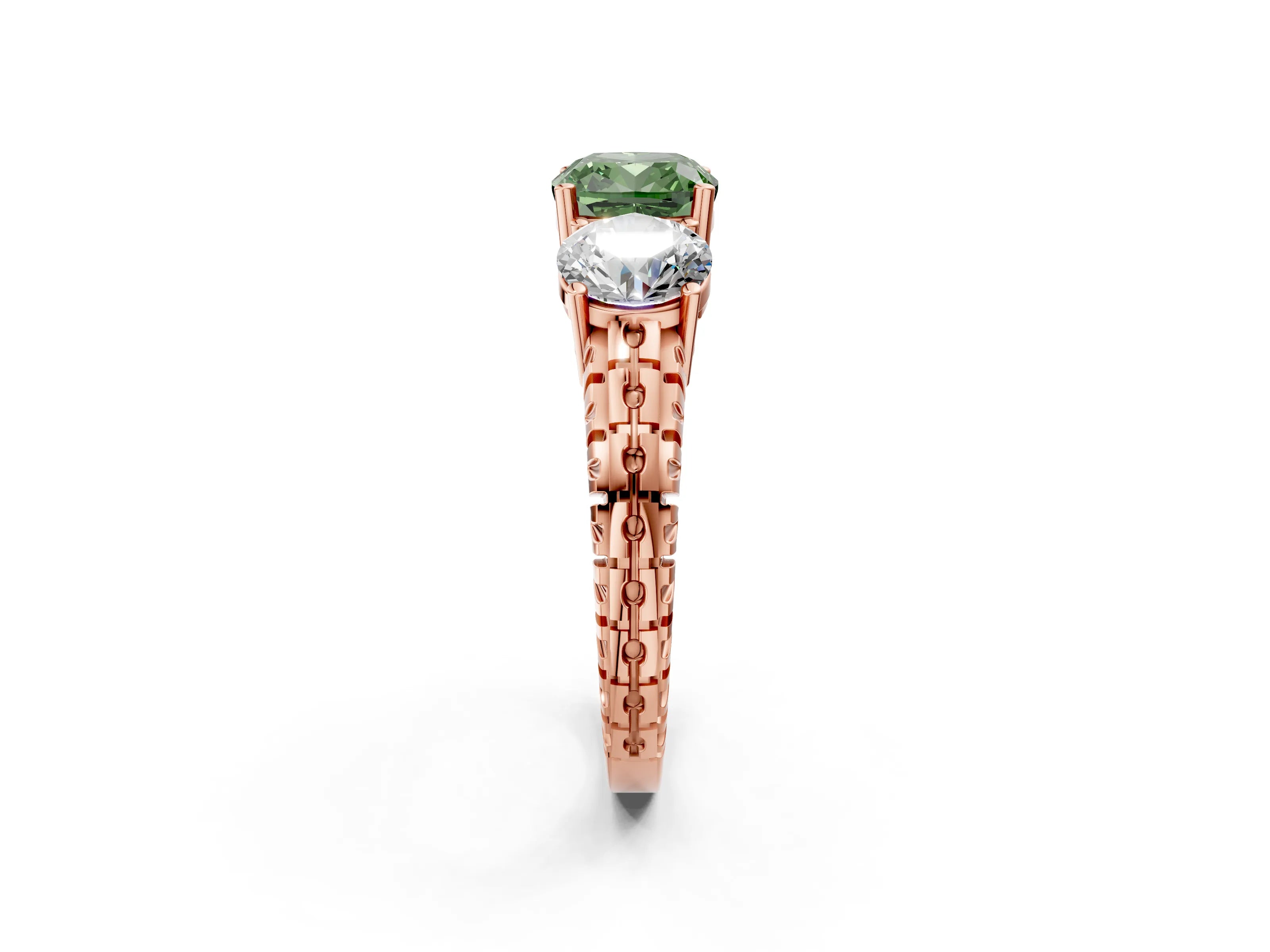 Rose gold Three-Stone Fancy Green Cushion Cut Cut Diamond Ring with Channel-Set Band and Prong Setting_2