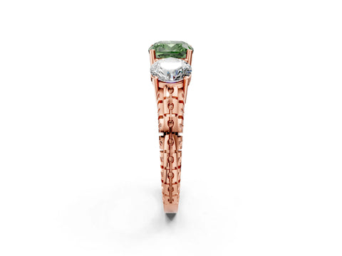 Rose gold Three-Stone Fancy Green Cushion Cut Cut Diamond Ring with Channel-Set Band and Prong Setting_2
