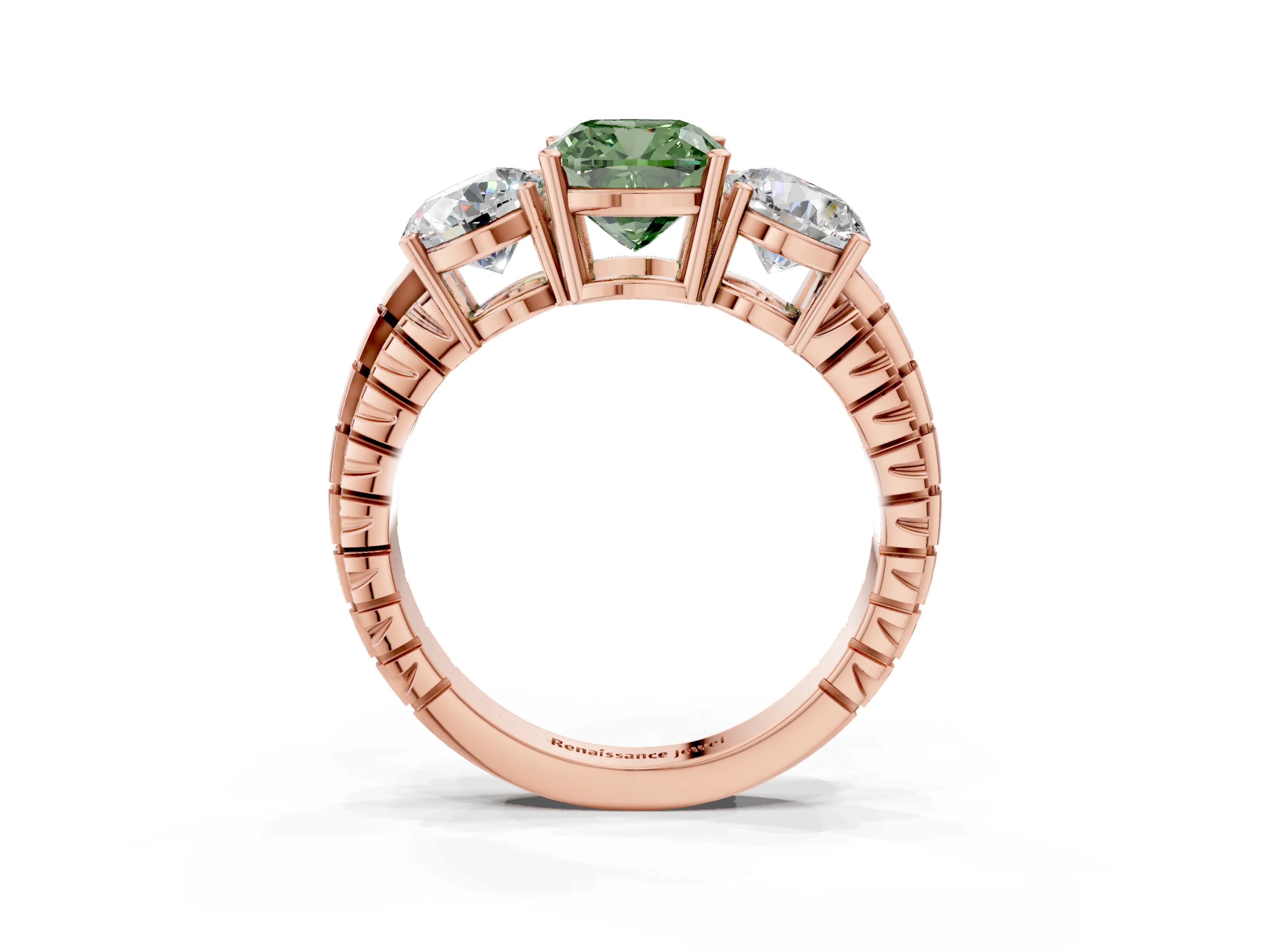 Rose gold Three-Stone Fancy Green Cushion Cut Cut Diamond Ring with Channel-Set Band and Prong Setting_3