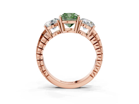 Rose gold Three-Stone Fancy Green Cushion Cut Cut Diamond Ring with Channel-Set Band and Prong Setting_3