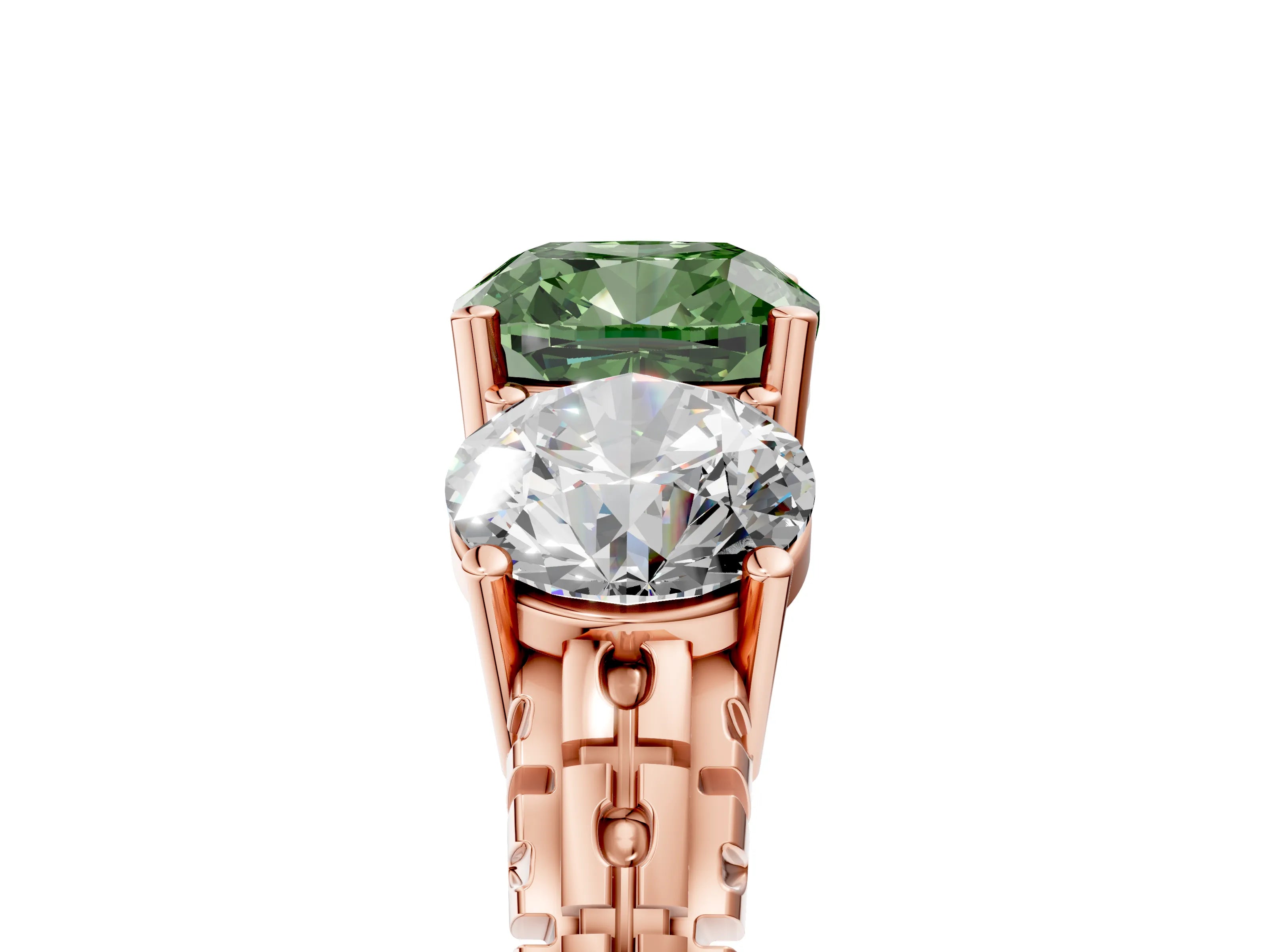 Rose gold Three-Stone Fancy Green Cushion Cut Cut Diamond Ring with Channel-Set Band and Prong Setting_5