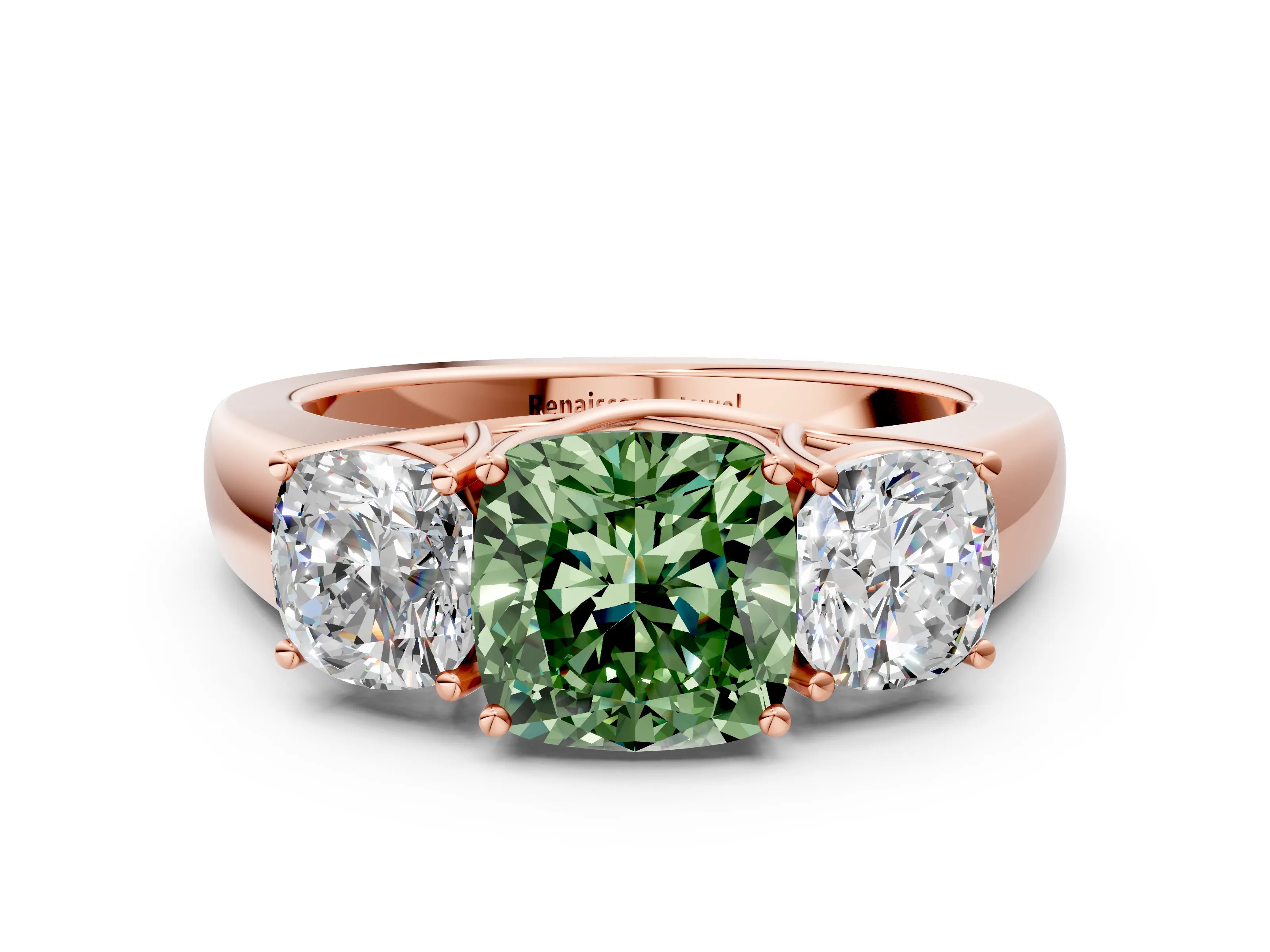Rose gold Three-Stone Fancy Green Cushion Cut Cut Diamond Ring with Prong Setting and Classic Band