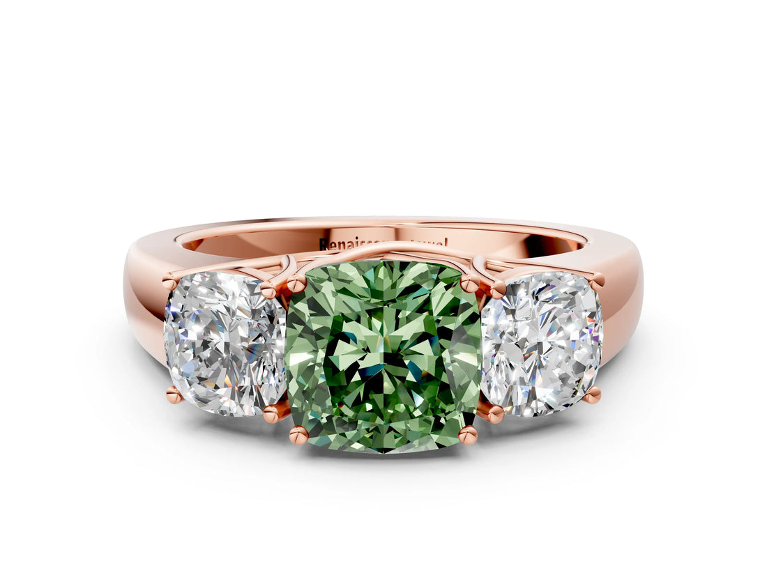 Rose gold Three-Stone Fancy Green Cushion Cut Cut Diamond Ring with Prong Setting and Classic Band