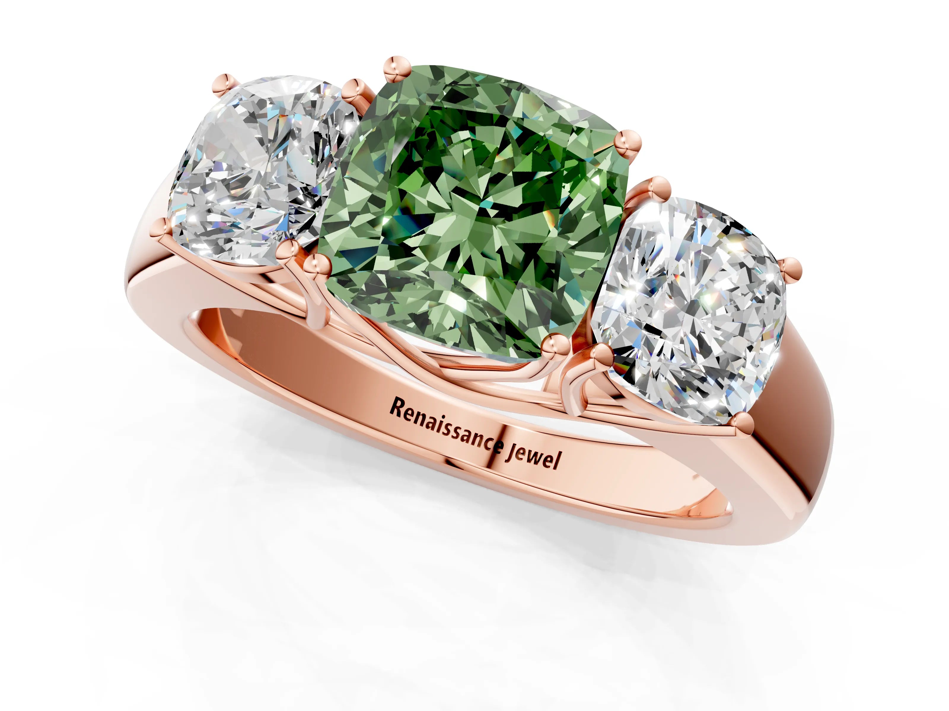 Rose gold Three-Stone Fancy Green Cushion Cut Cut Diamond Ring with Prong Setting and Classic Band_1