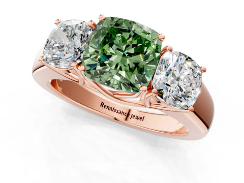 Rose gold Three-Stone Fancy Green Cushion Cut Cut Diamond Ring with Prong Setting and Classic Band_1