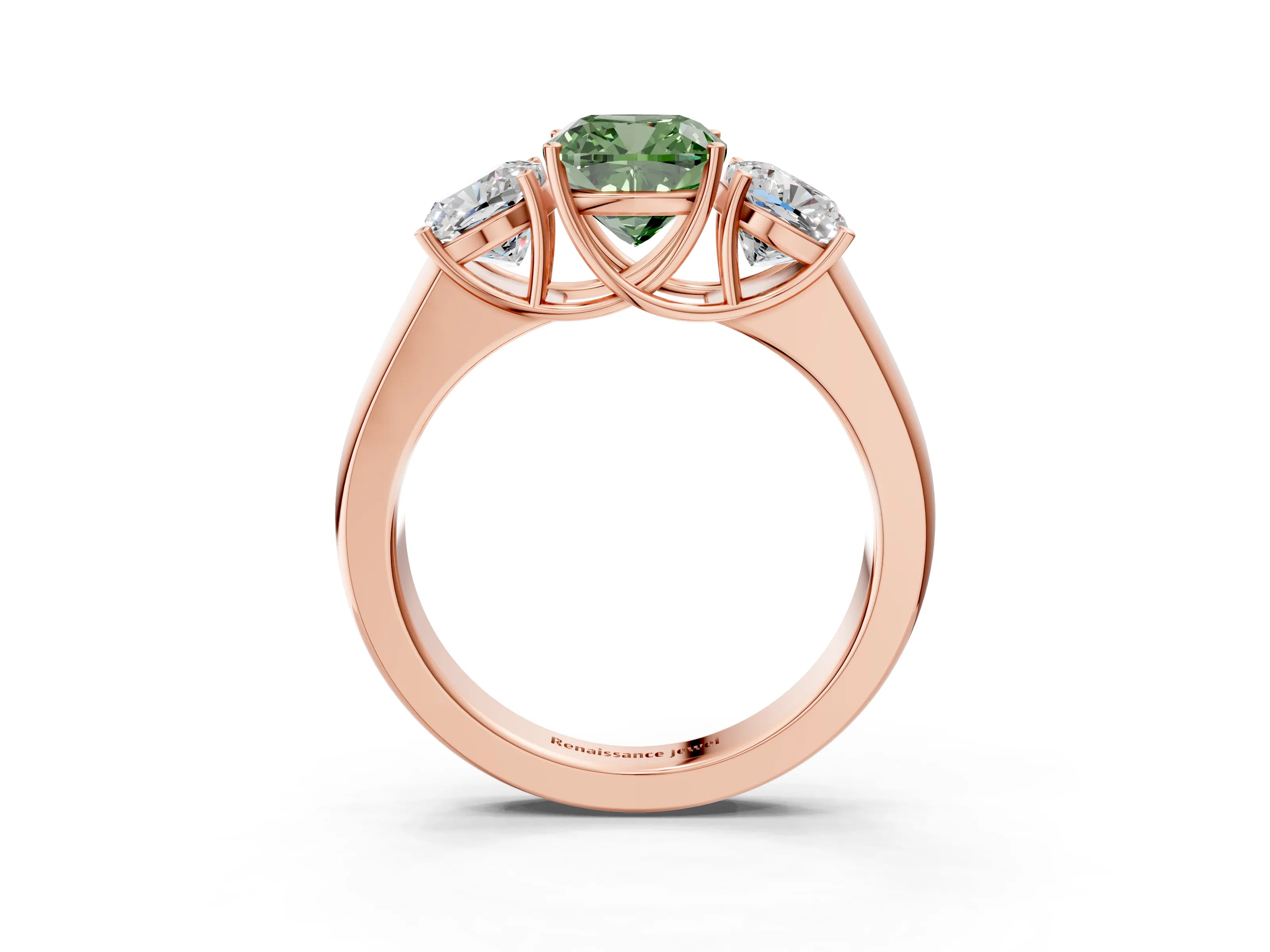 Rose gold Three-Stone Fancy Green Cushion Cut Cut Diamond Ring with Prong Setting and Classic Band_3