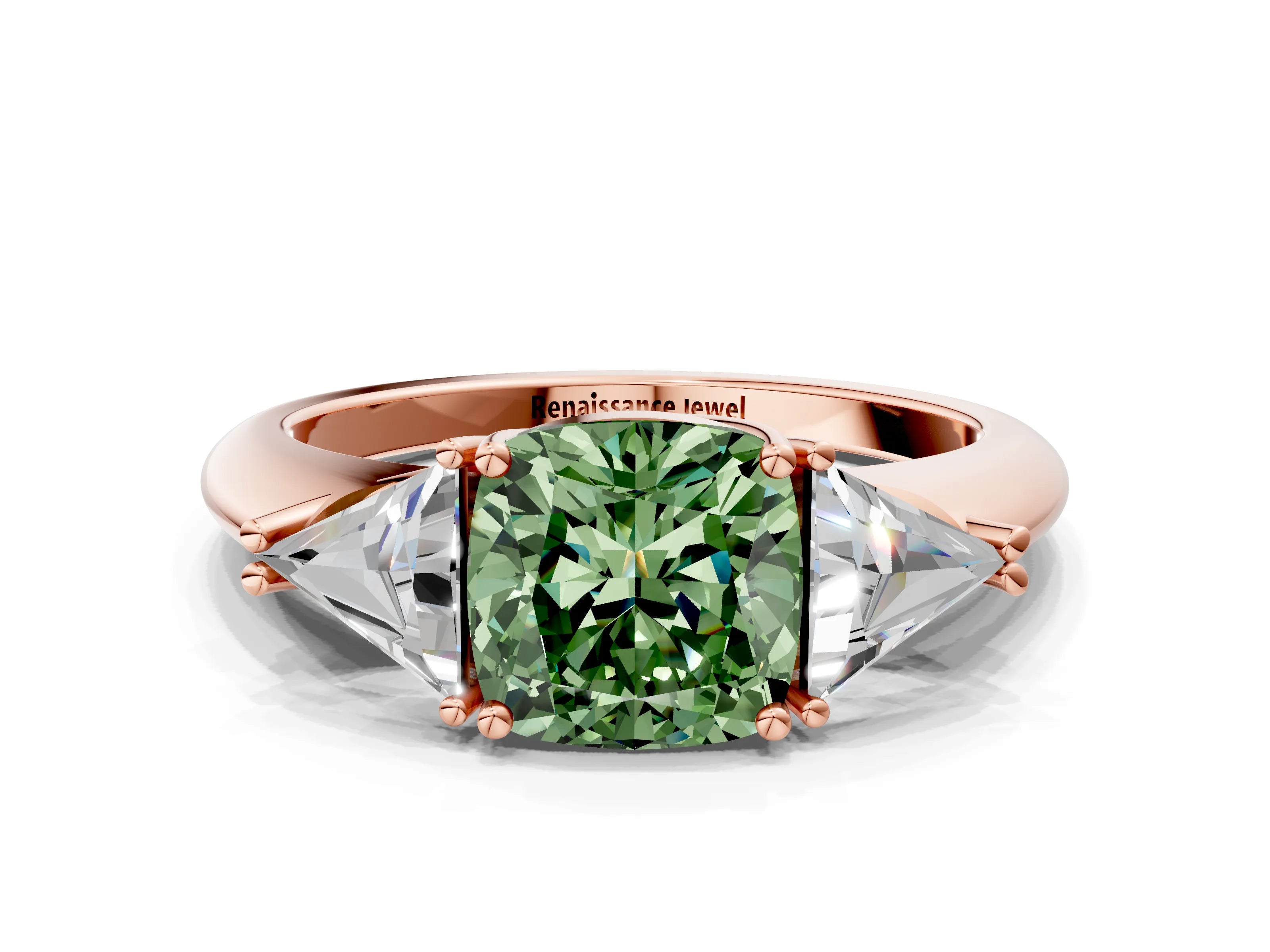 Rose gold Three-Stone Fancy Green Cushion Cut Cut Diamond Ring with Trillion Side Stones and Four-Prong Setting_3