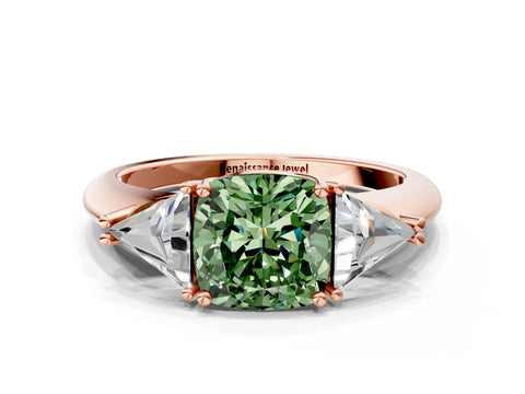 Rose gold Three-Stone Fancy Green Cushion Cut Cut Diamond Ring with Trillion Side Stones and Four-Prong Setting_3