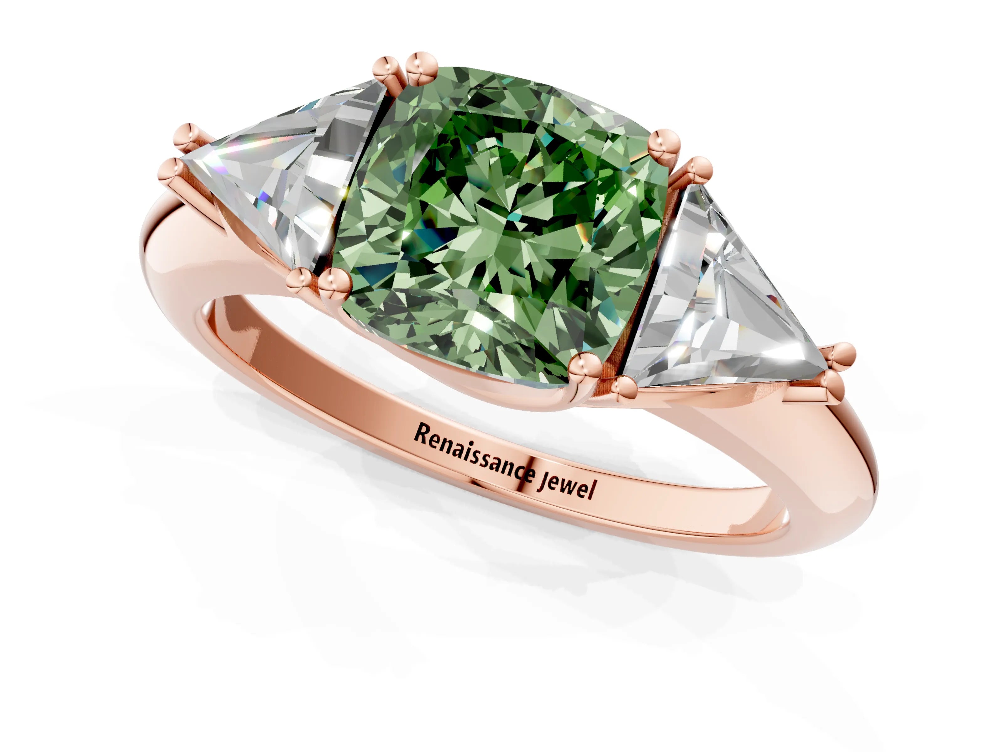 Rose gold Three-Stone Fancy Green Cushion Cut Cut Diamond Ring with Trillion Side Stones and Four-Prong Setting_4