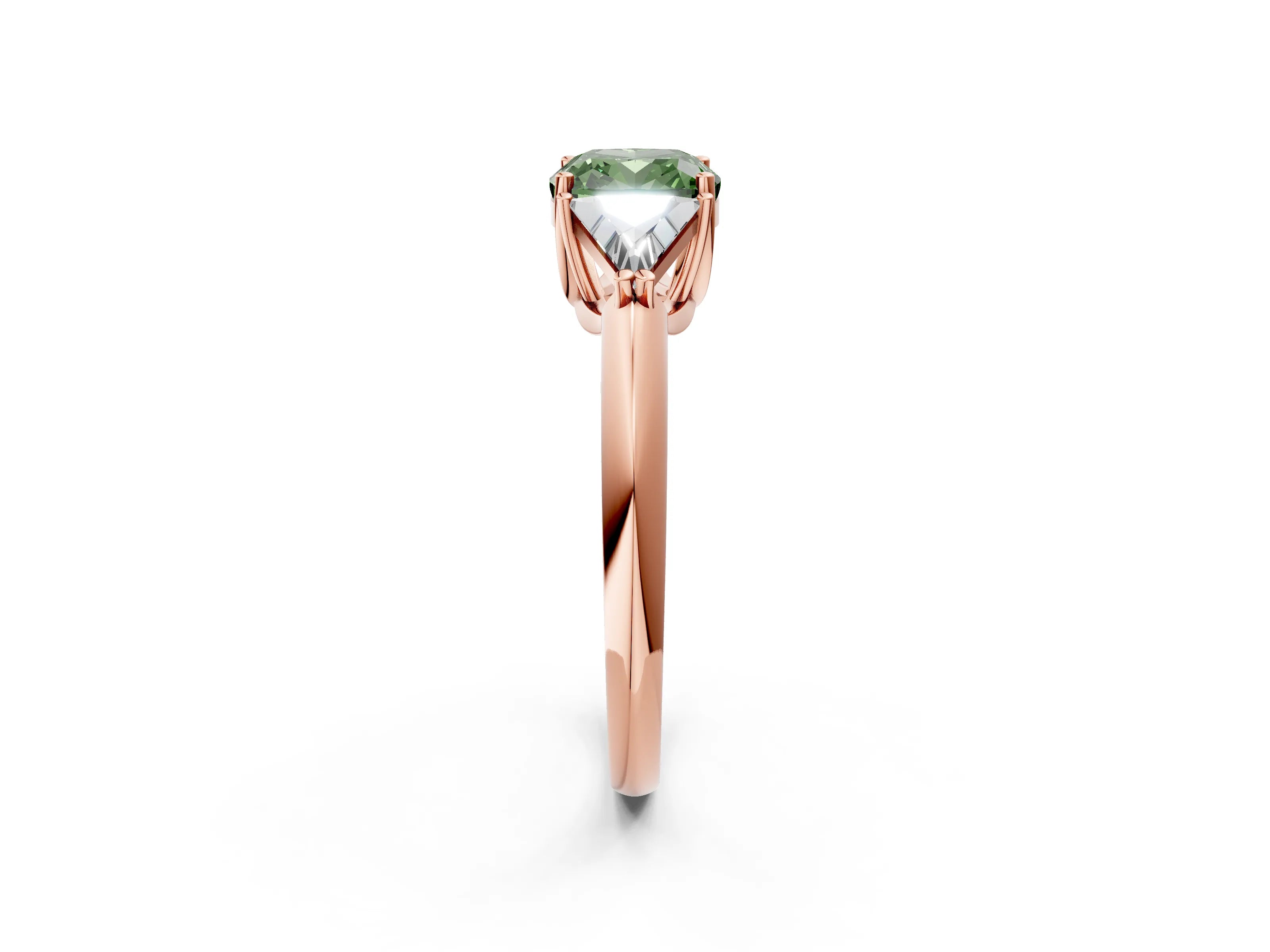 Rose gold Three-Stone Fancy Green Cushion Cut Cut Diamond Ring with Trillion Side Stones and Four-Prong Setting_5