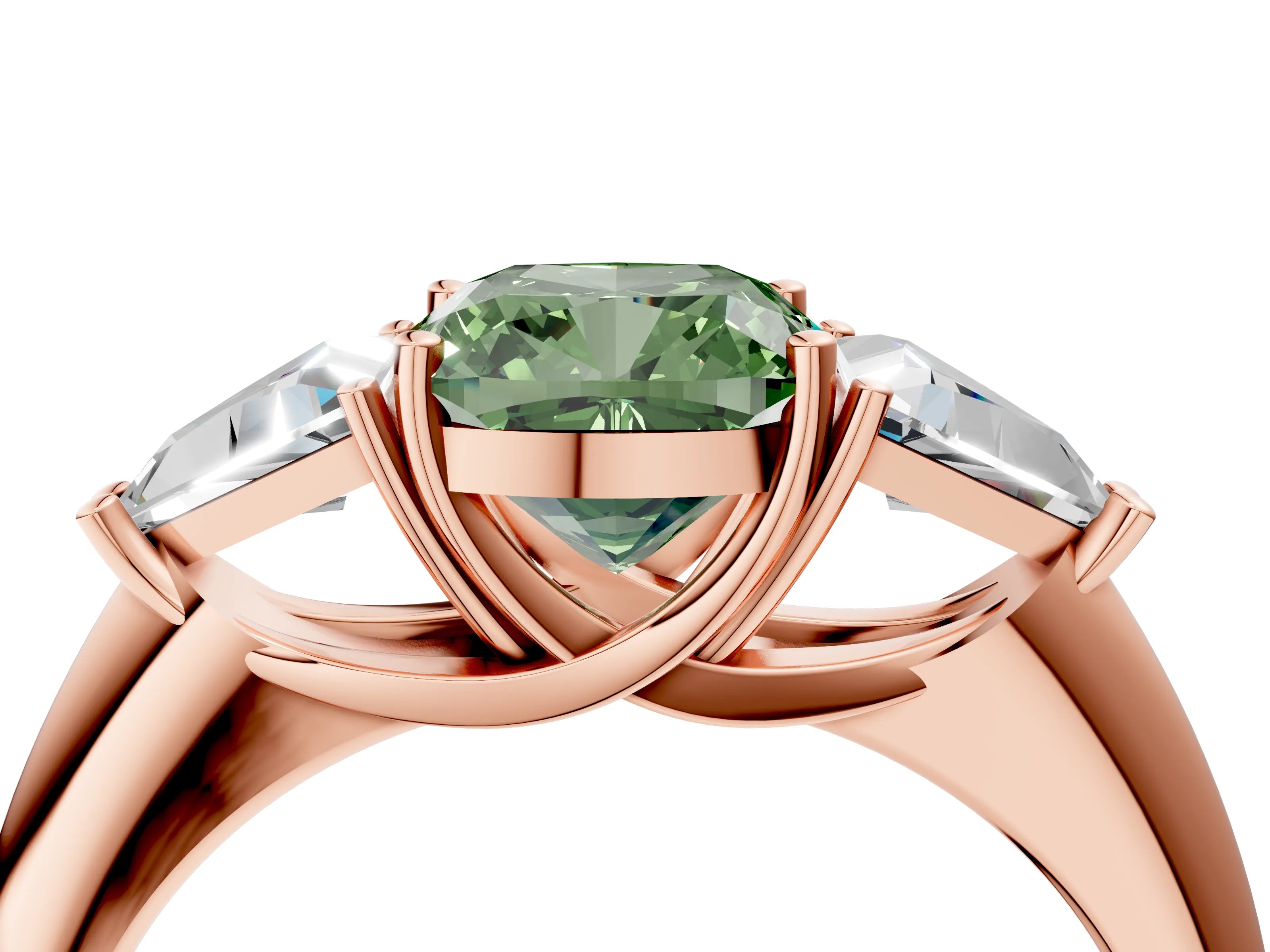 Rose gold Three-Stone Fancy Green Cushion Cut Cut Diamond Ring with Trillion Side Stones and Four-Prong Setting_7