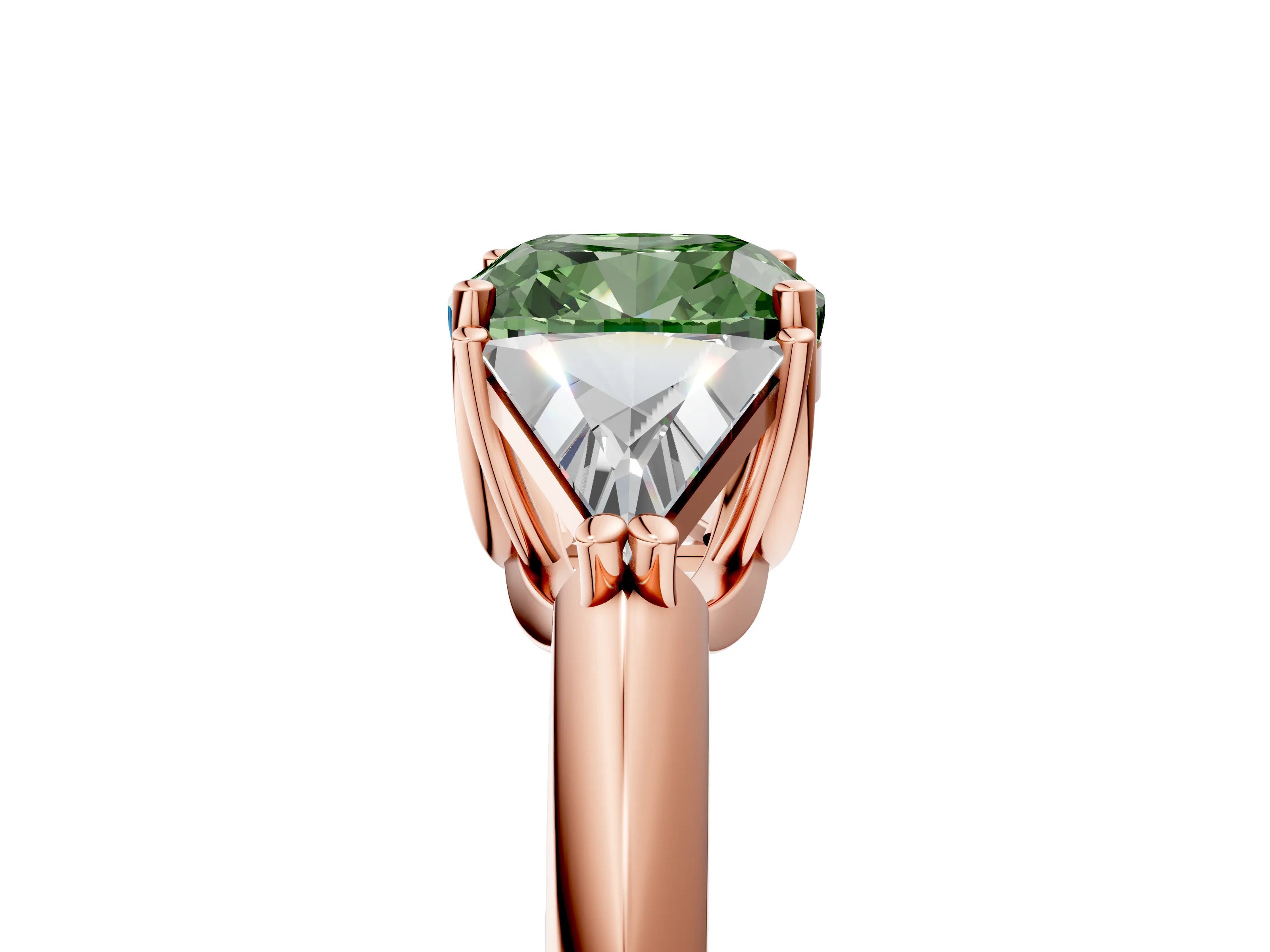 Rose gold Three-Stone Fancy Green Cushion Cut Cut Diamond Ring with Trillion Side Stones and Four-Prong Setting_8