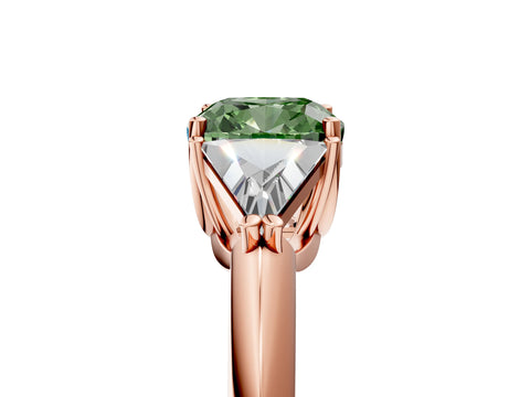 Rose gold Three-Stone Fancy Green Cushion Cut Cut Diamond Ring with Trillion Side Stones and Four-Prong Setting_8