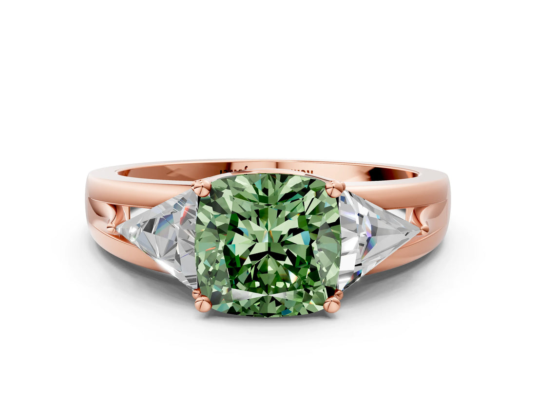 Rose gold Three-Stone Fancy Green Cushion Cut Cut Diamond Ring with Trillion Side Stones on a Split Shank Band