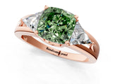 Rose gold Three-Stone Fancy Green Cushion Cut Cut Diamond Ring with Trillion Side Stones on a Split Shank Band_1