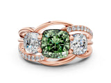 Rose gold Three-Stone Fancy Green Cushion Cut Cut Diamond Split Shank Prong Set Ring