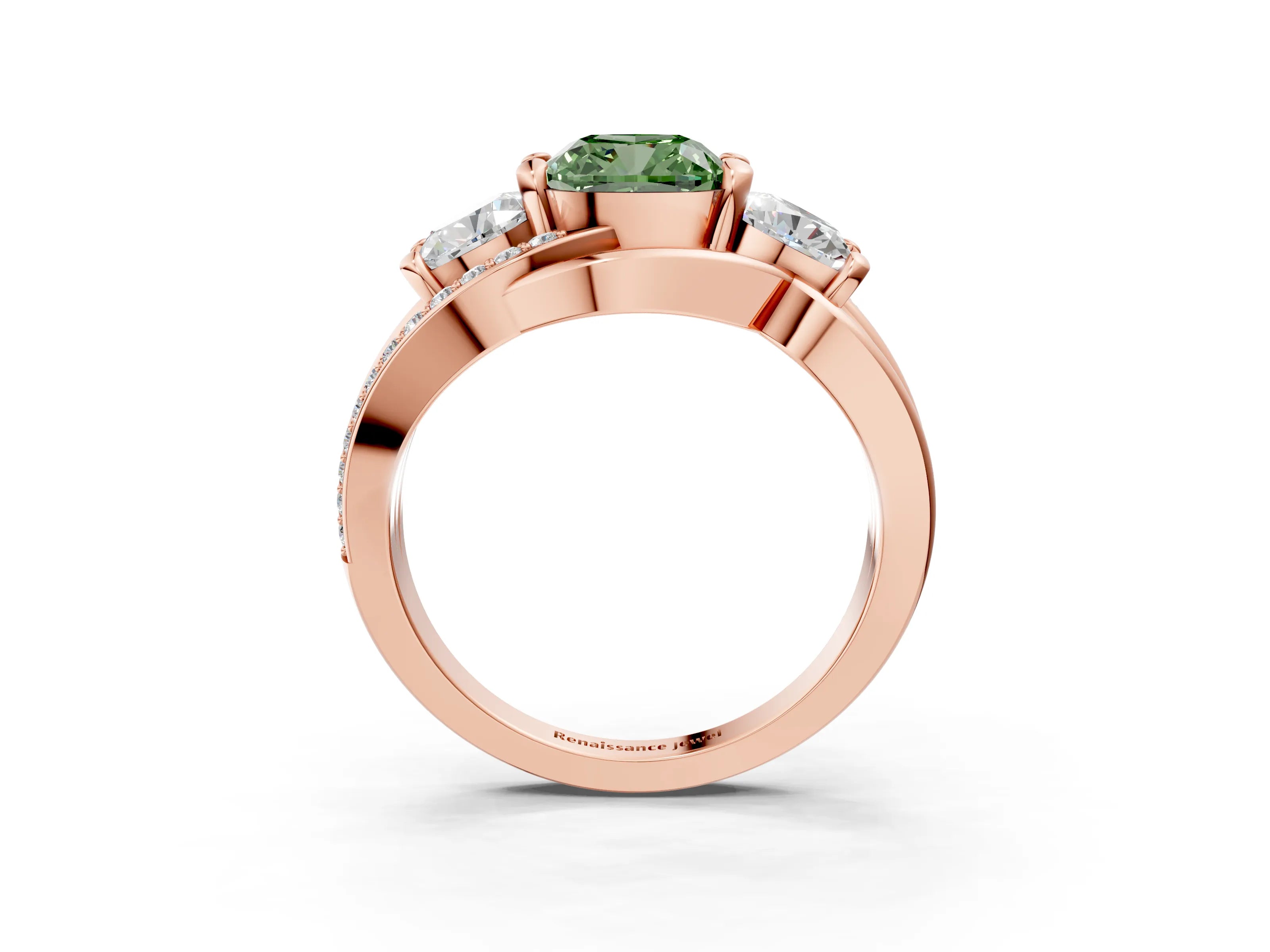 Rose gold Three-Stone Fancy Green Cushion Cut Cut Diamond Split Shank Prong Set Ring_3
