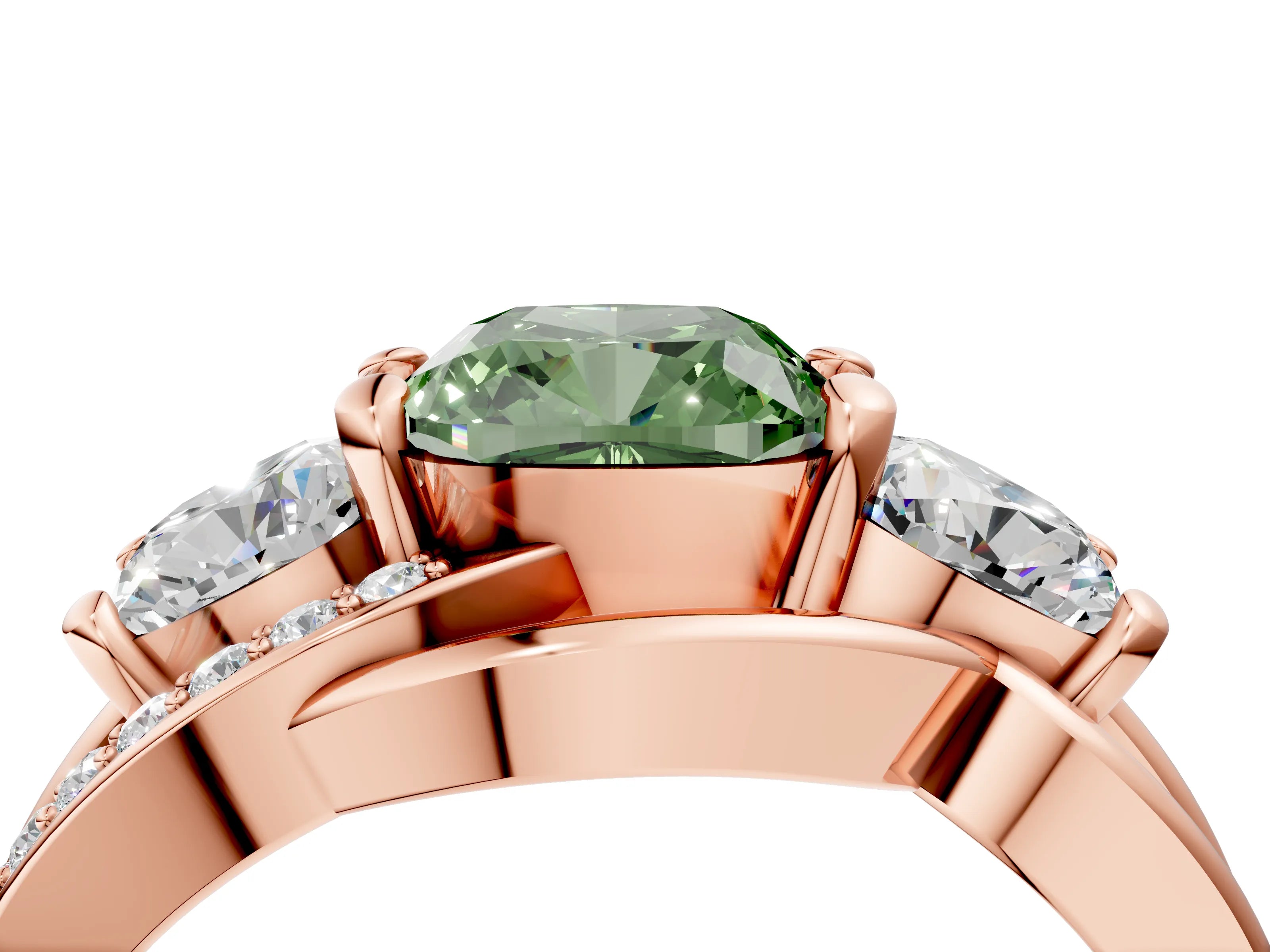 Rose gold Three-Stone Fancy Green Cushion Cut Cut Diamond Split Shank Prong Set Ring_4