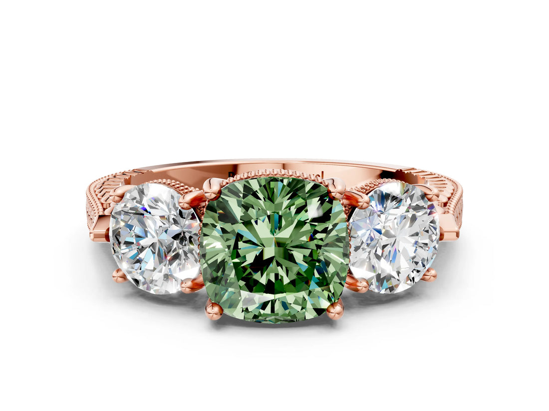 Rose gold Three-Stone Fancy Green Cushion Cut Cut Milgrain Band Prong Setting Ring