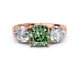 Rose gold Three-Stone Fancy Green Cushion Cut Cut Milgrain Band Prong Setting Ring