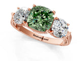 Rose gold Three-Stone Fancy Green Cushion Cut Cut Milgrain Band Prong Setting Ring_1