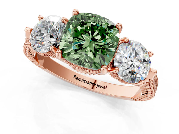 Rose Gold Cushion Cut Vintage Three Stone Engagement Ring Setting for Fancy Green Center