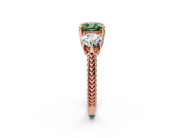 Rose Gold Cushion Cut Vintage Three Stone Engagement Ring Setting for Fancy Green Center